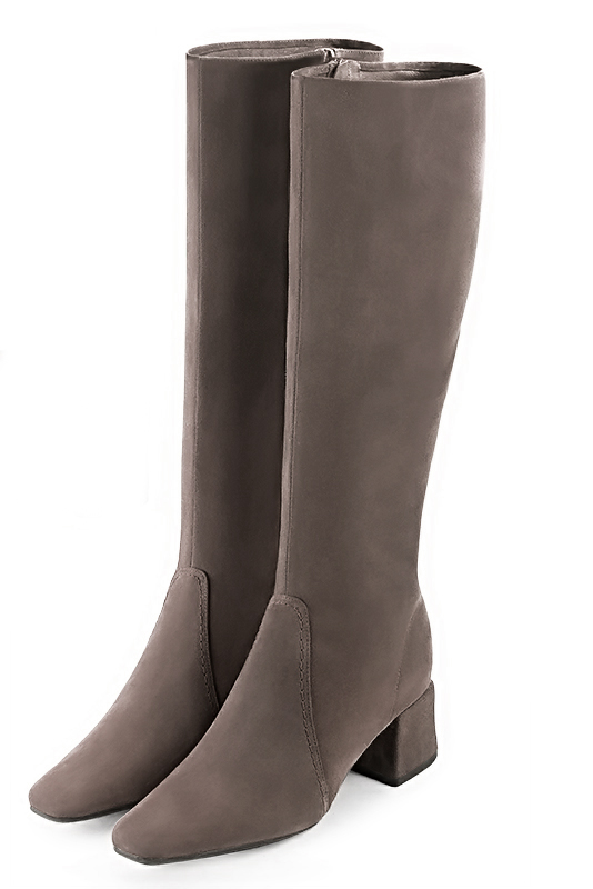 Taupe brown women's feminine knee-high boots. Square toe. Medium block heels. Made to measure. Front view - Florence KOOIJMAN